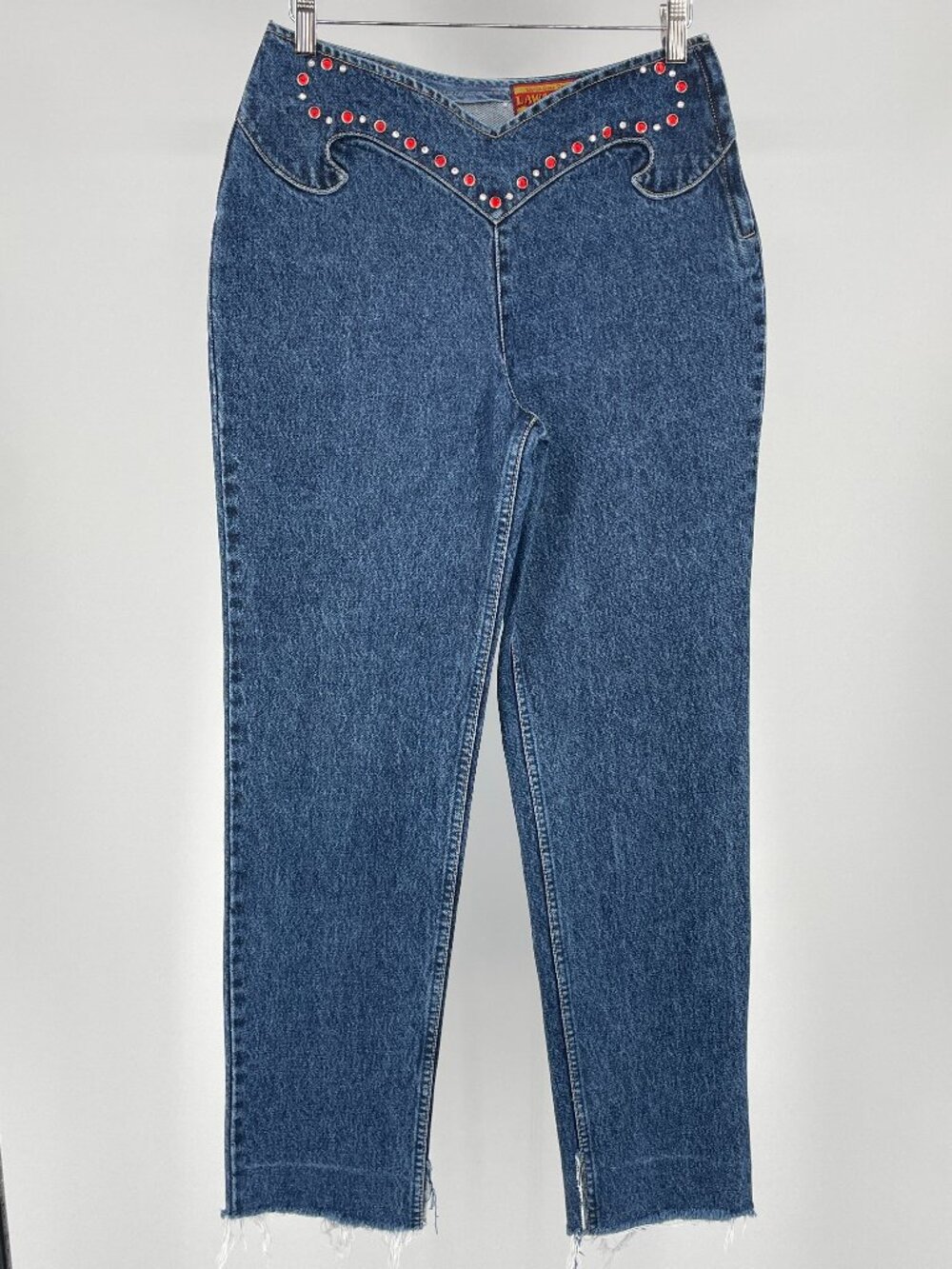 Vtg Lawman Western Jeans 🤠 Side Zip Rhinestone Scalloped Yoke Raw Hem